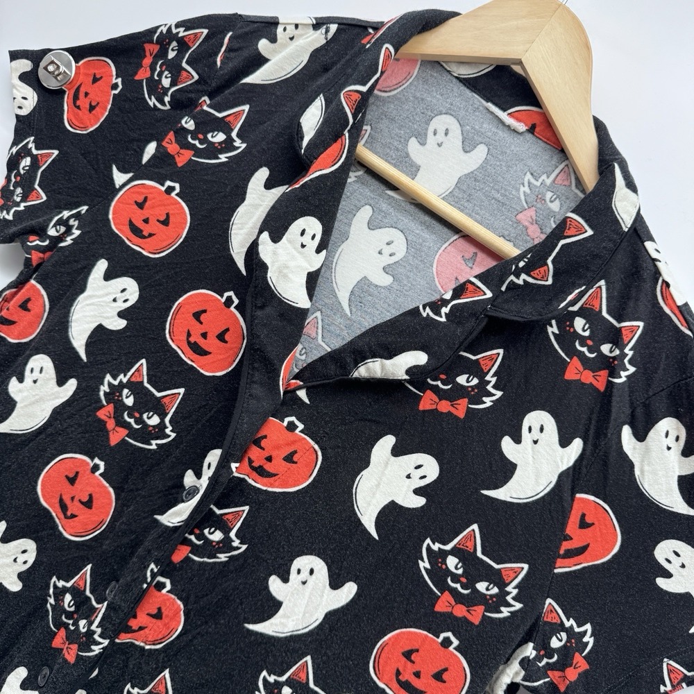 Halloween Shirt Adult M/L Black Cats Ghosts Jack O Lantern Pumpkin Button Up